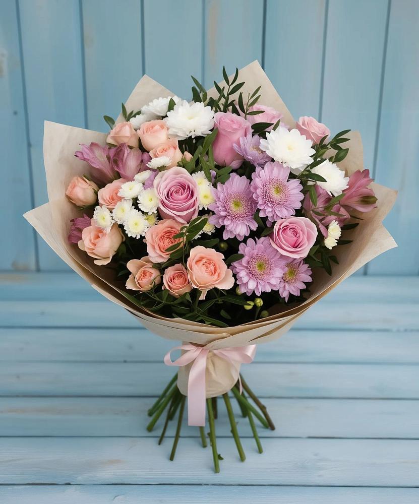 Букет цветов из: Хризантемы, Розы и Альстромерии в Малом Барханчаке