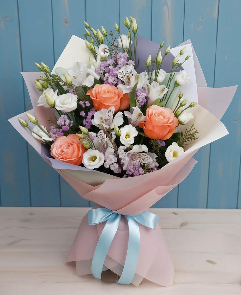 Букет цветов из: Лизиантусы, Розы, Альстромерии и Гипсофила в Малом Барханчаке