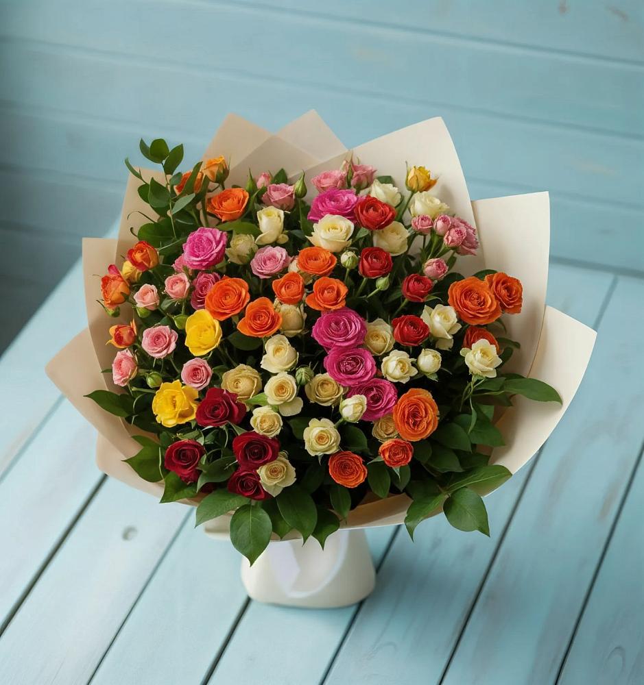 Букет Микс из разноцветных кустовых роз в Малом Барханчаке