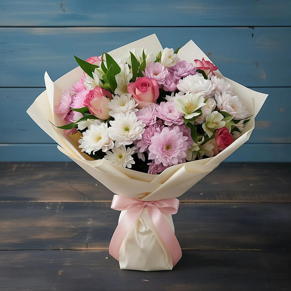 Букет цветов из: Хризантемы, Альстромерии и Розы в Малом Барханчаке